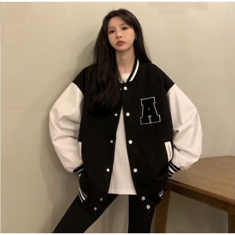 Jaket Varsity Big Size ( S - 6XL ) A Logo BORDIR Embroidery Jaket Baseball Kancing Bomber Oversized XXL XXXL 4XL 5XL FLeece Unisex Jacket Boy Girl Pria Wanita Jumbo Mix Kombinasi 2 Warna Two tone Street Style Couple Hitam Putih Cute Match Jaketin Aja