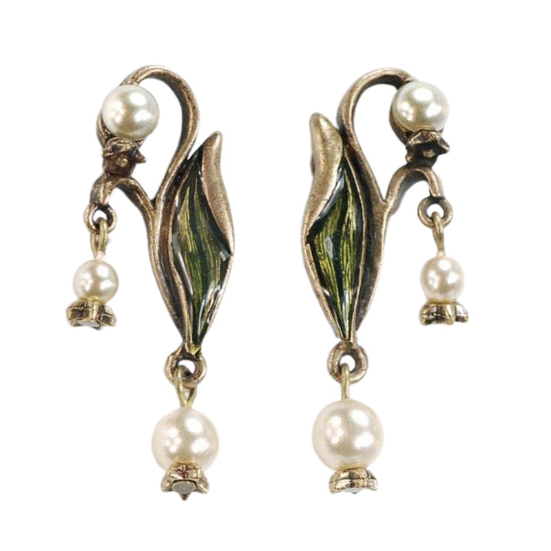 Rumbai Mutiara Stud Earrings Vintage Hand Painted Enamel Glaze Lapis Emas Lily Of The Valley Bunga Daun Hijau Anting