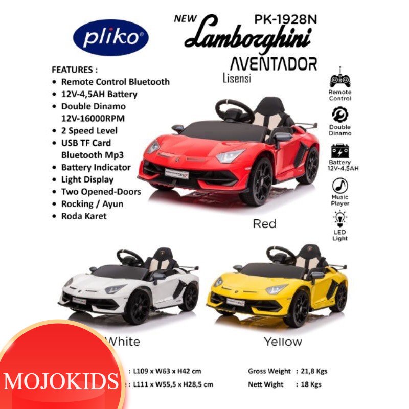 MOJOKIDS - MAINAN ANAK MOBIL AKI PLIKO LAMBORGHINI ADVENTADOR LISENSI BAN KARET