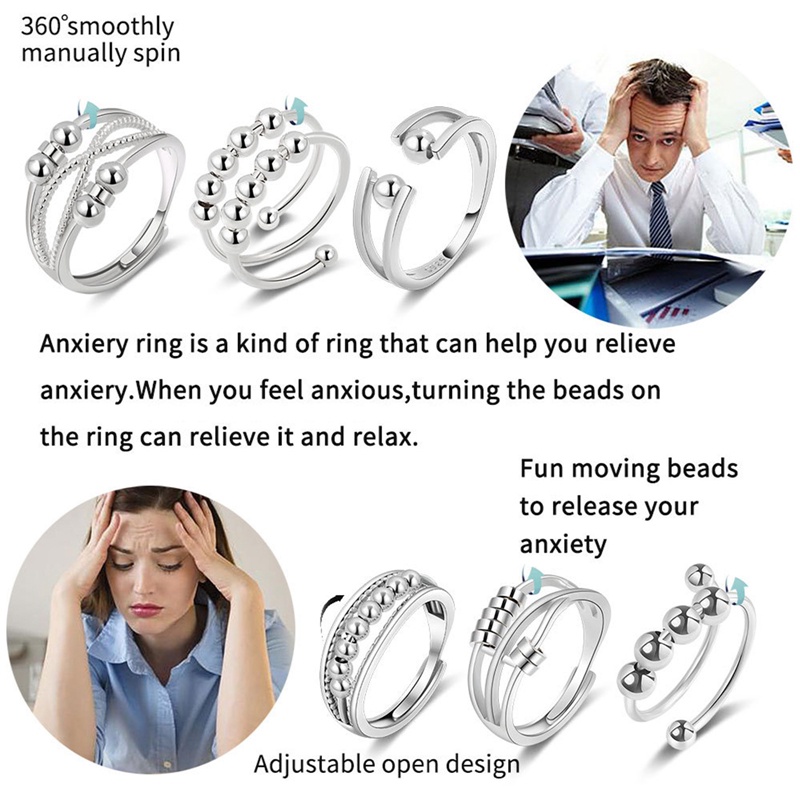 925 Sterling Silver Anxiety Ring Untuk Wanita Pria Fidget Rings For Anxiety Spinning Bead Adjustable Stacking Spinner Band Ring