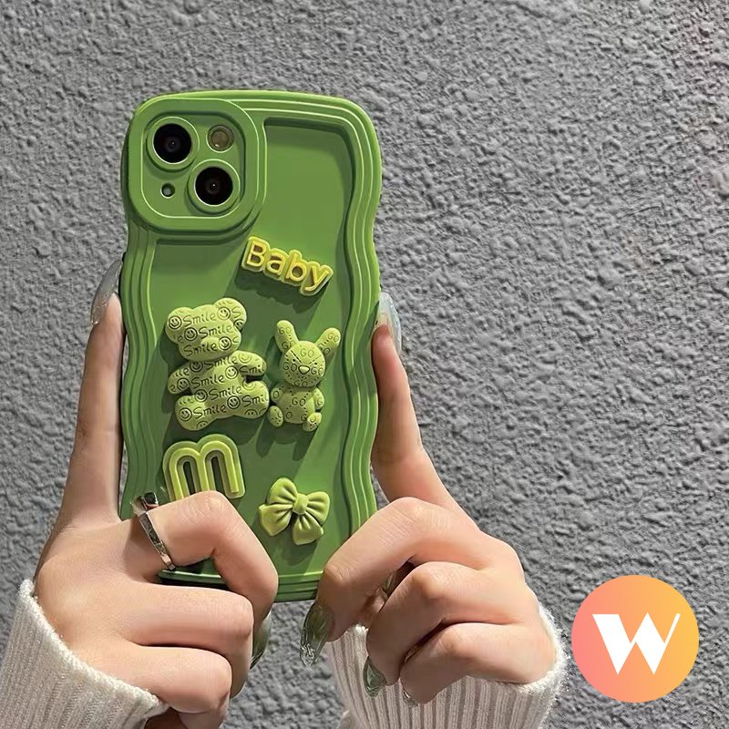 Case Warna Permen Padat Sederhana Kompatibel Untuk iPhone 7Plus 8 14 Plus 11 13 12 14 Pro Max X XR XS Max Boneka 3D Mewah Kartun Beruang Lucu Busur Tepi Bergelombang Lembut Tpu Phone Cover