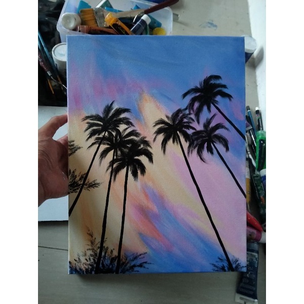 BEST SELLER 30x40 Lukisan asli kanvas Pemandangan Handmade pohon kelapa murah simple minimalis