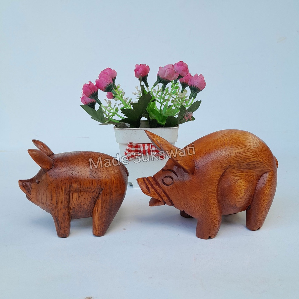 Kerajinan patung kayu Babi pig mini handmade hiasan Bali