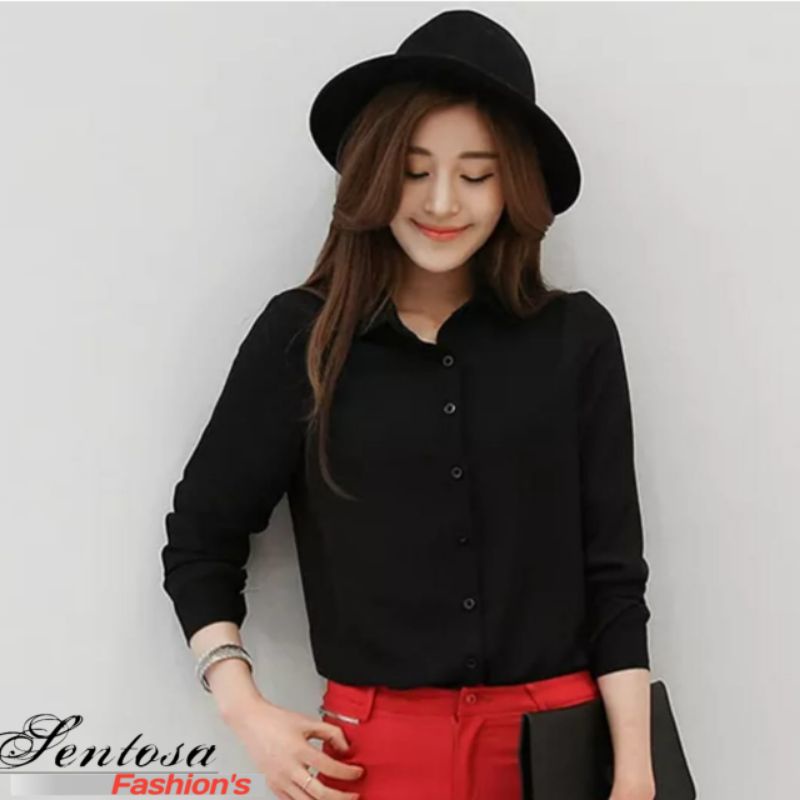 Kemeja Wanita / Kemeja Kerja Kemeja Hitam Putih Formal Kemeja Lengan Panjang Cewek