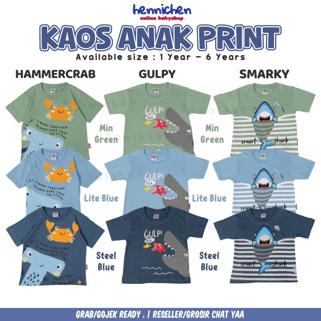 BAJU ANAK LAKI-LAKI KAOS ANAK LAKI-LAKI PRINTING MOTIF HAMMERCRAB / GULPY / SMARKY 1-6 TAHUN OVIKIDS