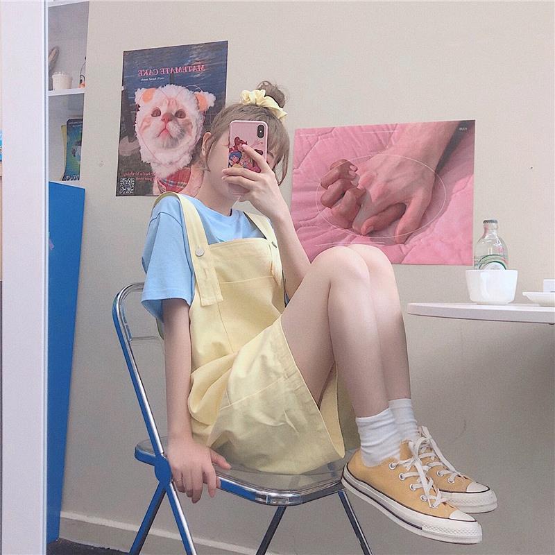 Red Bisa asin dan manis, anak perempuan bisa memakai gaya kuliah musim panas gaya baru, kecil, overall merah jalanan goreng, setelan dua potong untuk wanita