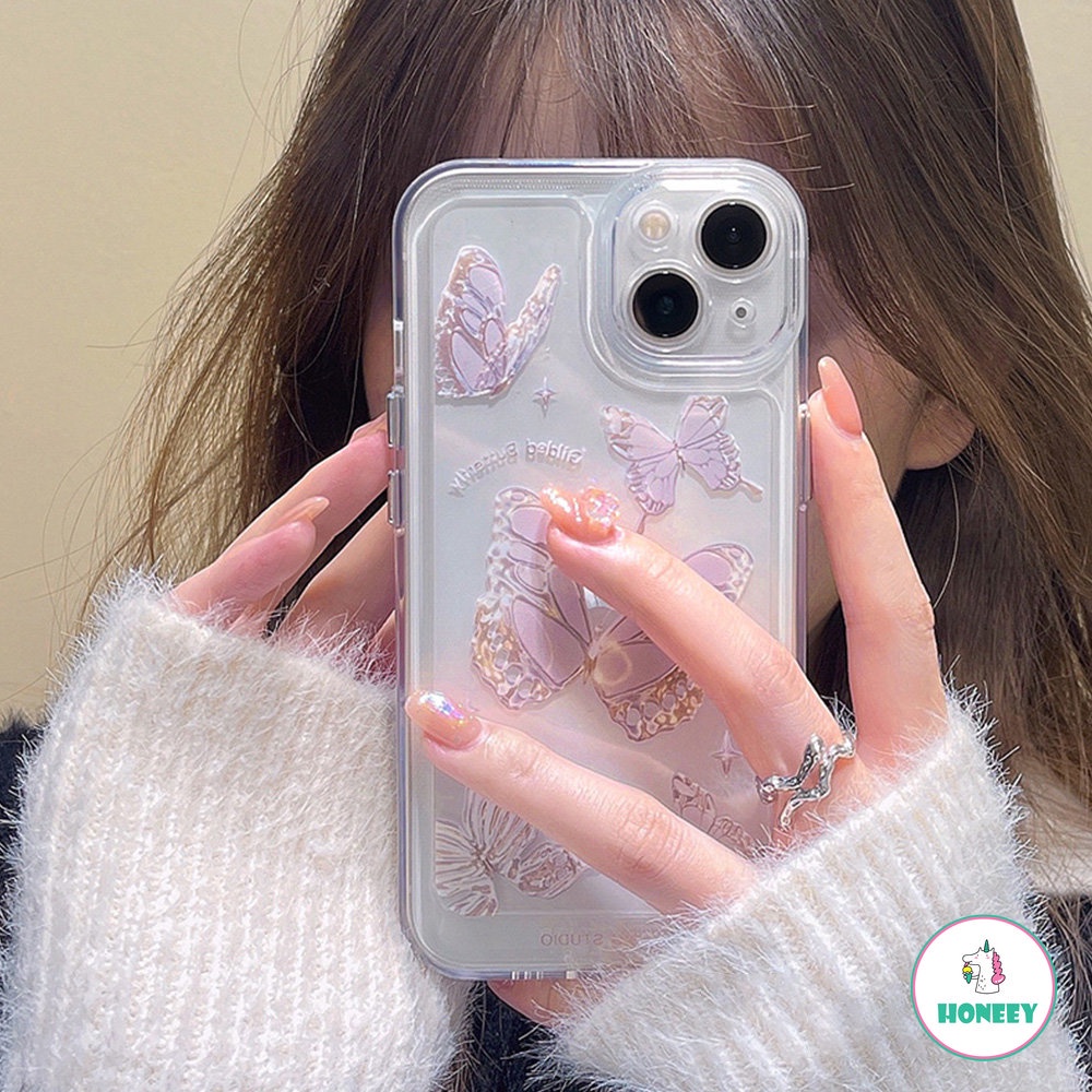 IPHONE Dreamy Butterfly Casing Ponsel Akrilik Kompatibel Untuk Iphone14 13 12 11 Pro Max X XR 8 7 Plus Ultra Hybrid Tahan Keringat Lembut TPU Penutup Belakang