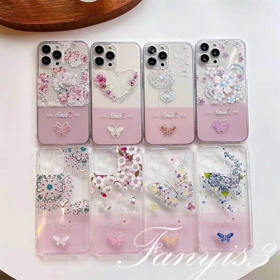 Compatible For iPhone 14 13 12 11 Pro Max X XR Xs Max 8 7 6 6s Plus SE 2020 Kompatibel Untuk Ins Bunga Kupu-Kupu Ponsel Case Bening TPU Lembut Cover Pelindung