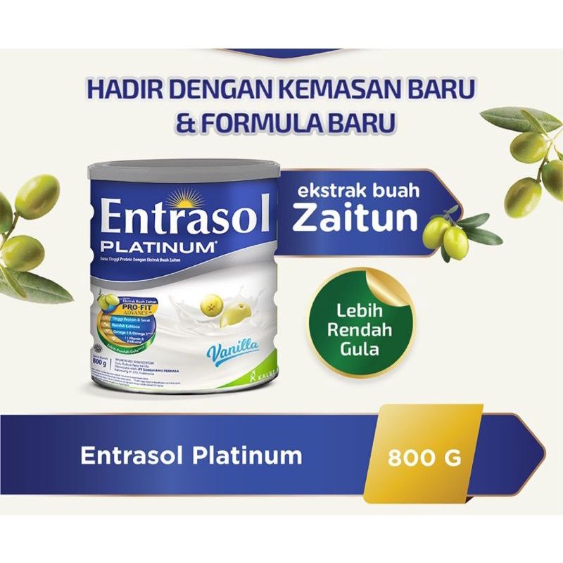 

Entrasol Platinum bantu penuhi nutrisi harian agar tetap aktif dan fit, mempercepat masa pemulihan dan menjaga daya tahan tubuh.Keunggulan:- Ekstrak buah Zaitun- Tinggi Protein & Serat- Rendah Laktosa