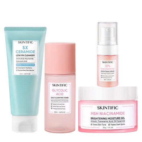 PAKET 4 Skintific Niacinamide Glowing(5X Ceamide Low PH Cleanser 80ml + 10% Niacinamide Brightening Serum 20ml + Glycolic Acid Clarifying Toner 80ml + MSH Niacinamide Moisturizer Gel 30gr )