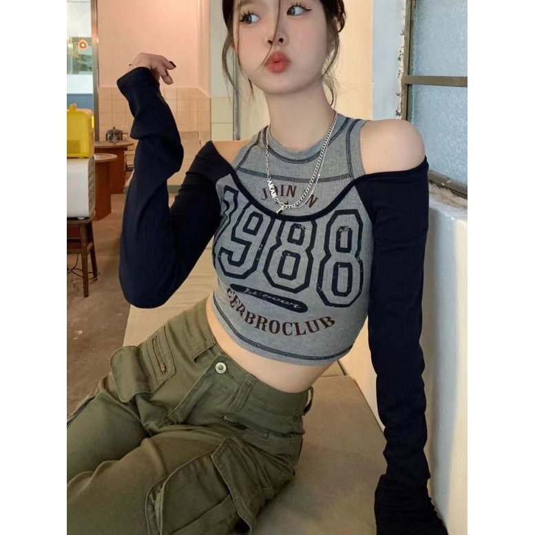 Red [Kapas murni] T-shirt wanita dua potong lengan panjang palsu Amerika warna kontras gaya baru kepribadian ramping BeerBro pendek gadis seksi