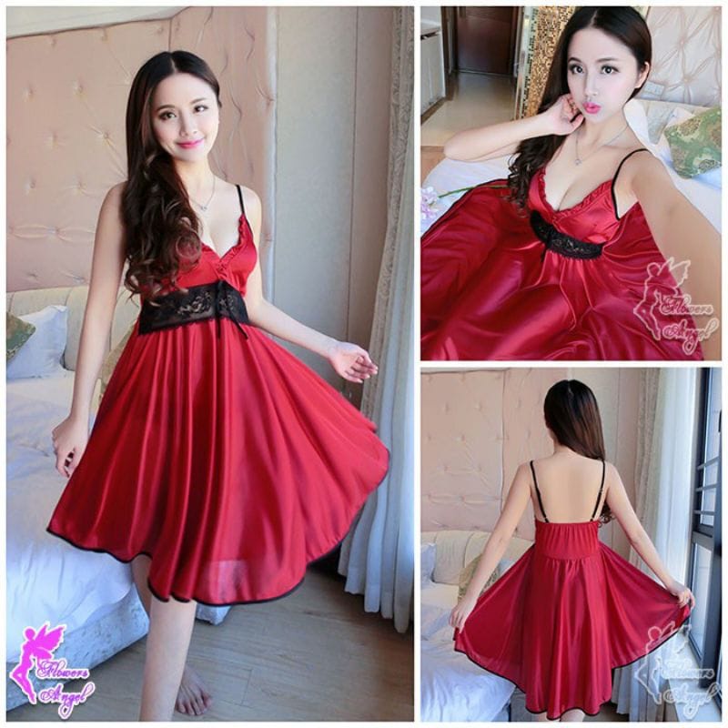 Baju Tidur Daster Lingerie Satin - Dress Tali satu Renda Hitam (PY-342)