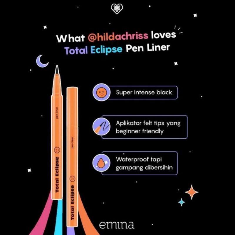 EMINA Total Eclipse Pen Liner Indonesia / Eyeliner 1ml / 12 Hours Longlasting Smooth Stable Tip Smudge Proof Waterproof Intens Persisi / Tahan Lama Anti Air Tebal Bold Black Hitam Eye Liner Alis Kelopak Mata Pensil Gel Cosmetic Makeup Eyes Make Up Series