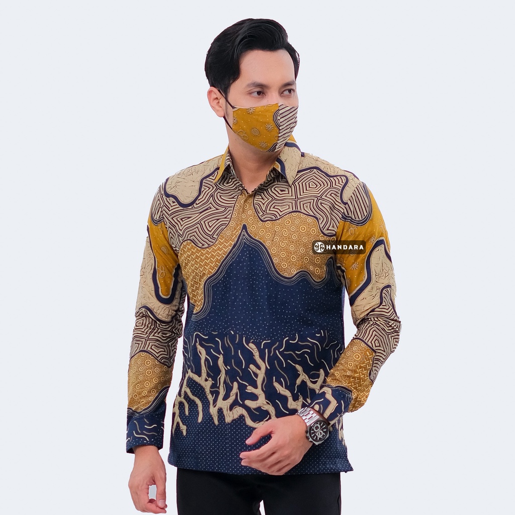 Handara Batik Pria Lengan Panjang Slim Fit Premium Horizon Biru Mustard HB-298