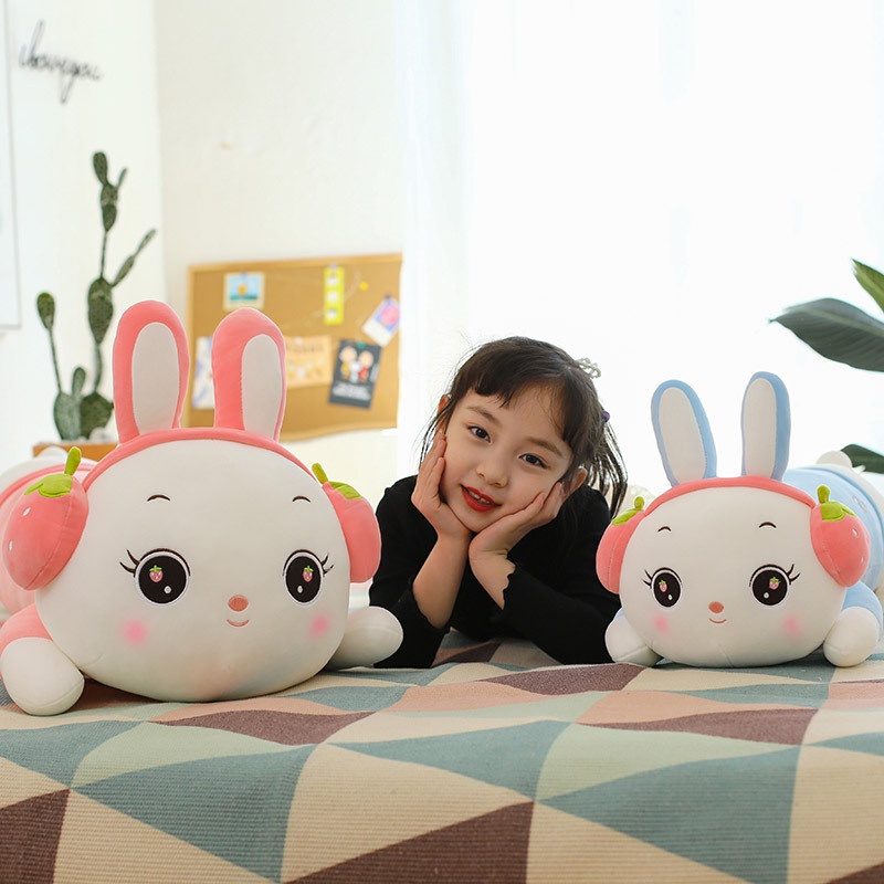 Guling Boneka Bunny Pakai Bando Strawberry Bahan Plush