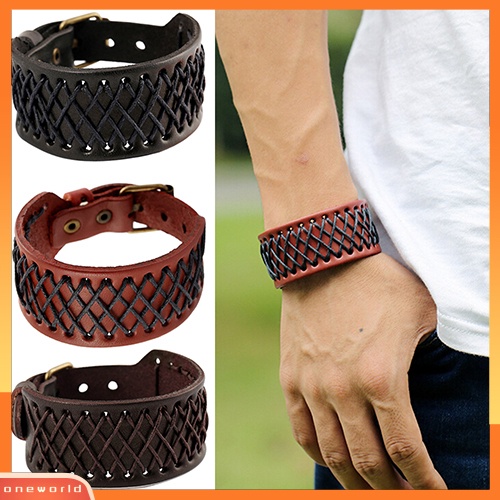 {oneworld} Gelang Kulit Kepang Lebar Gaya Punk Pria Wanita Bangle Retro Gelang Cuff Bracelet
