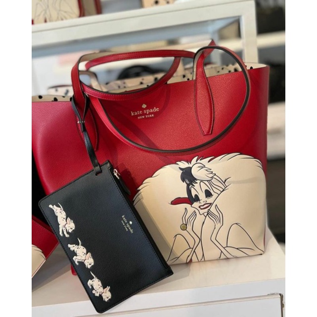 KATE SPADE CRUELLA DISNEY TOTE BAG REVERSIBLE WITH POUCH RED MULTI
