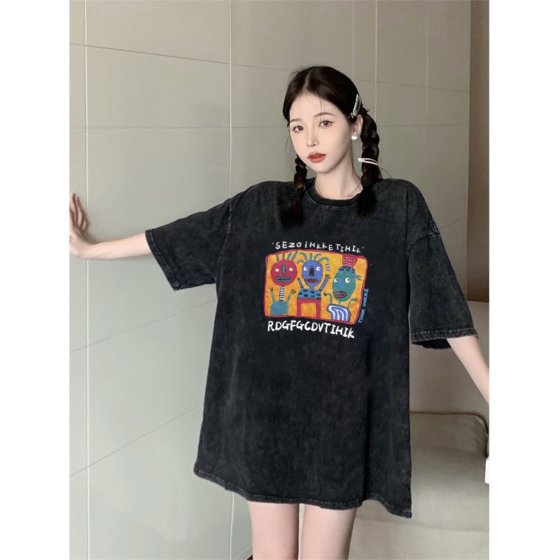 Kaos oversize hitam oversize lengan pendek Cartoon Animals washed baju wanita  graphic print T-shirt/kaos overzise