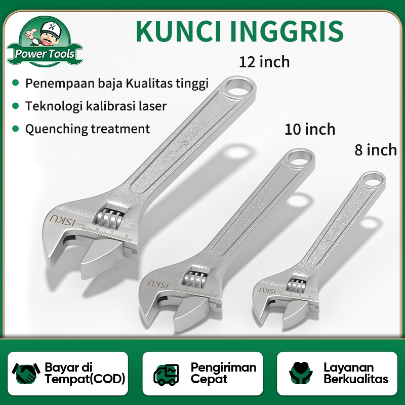 ISKU Kunci Inggris Adjustable Wrench 8&quot; 10&quot; 12&quot; Ingris Pipa 45# Carbon Steel Alat Perkakas Skala Inggris Spanner Repair Tool Motor Mobil Perkakas Tukang