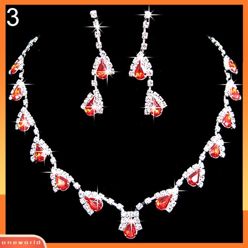 [oneworld] Wanita Mempesona Cubic Zirconia Kalung Kristal Liontin Anting Set Perhiasan Pengantin