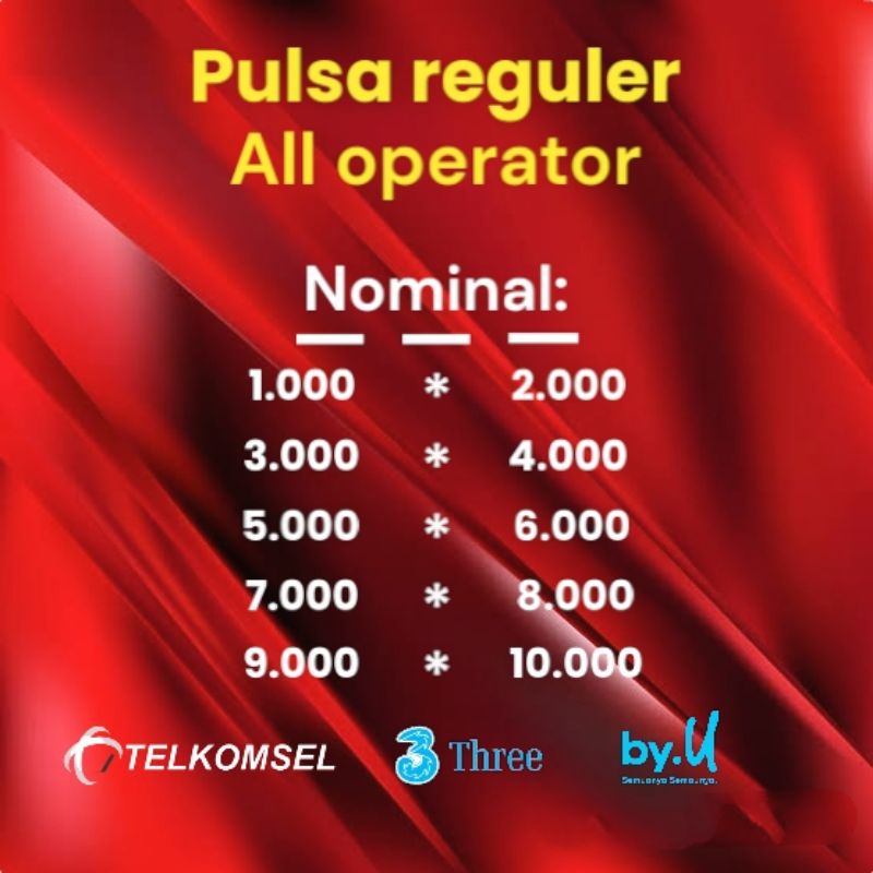 Pulsa reguler telkomsel three by.u 1k 2k 3k 4k 5k 6k 10k