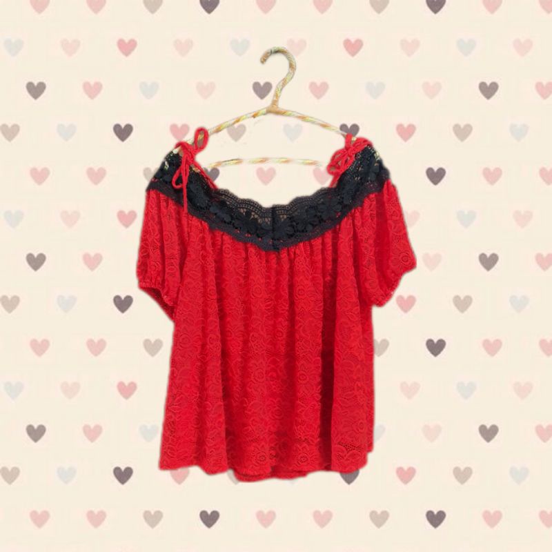 Baju atasan brokat sabrina besar jumbo korea wanita bahan premium merah red