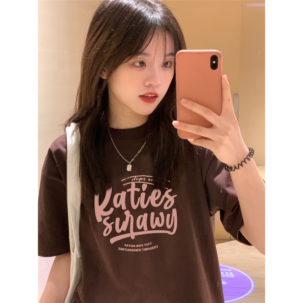 EUNII Brown T-shirt Lengan Pendek Pink English Printing Korean Style/Kaos Atasan Wanita/Baju Kaus Oversize Wanita/Kaos Wanita