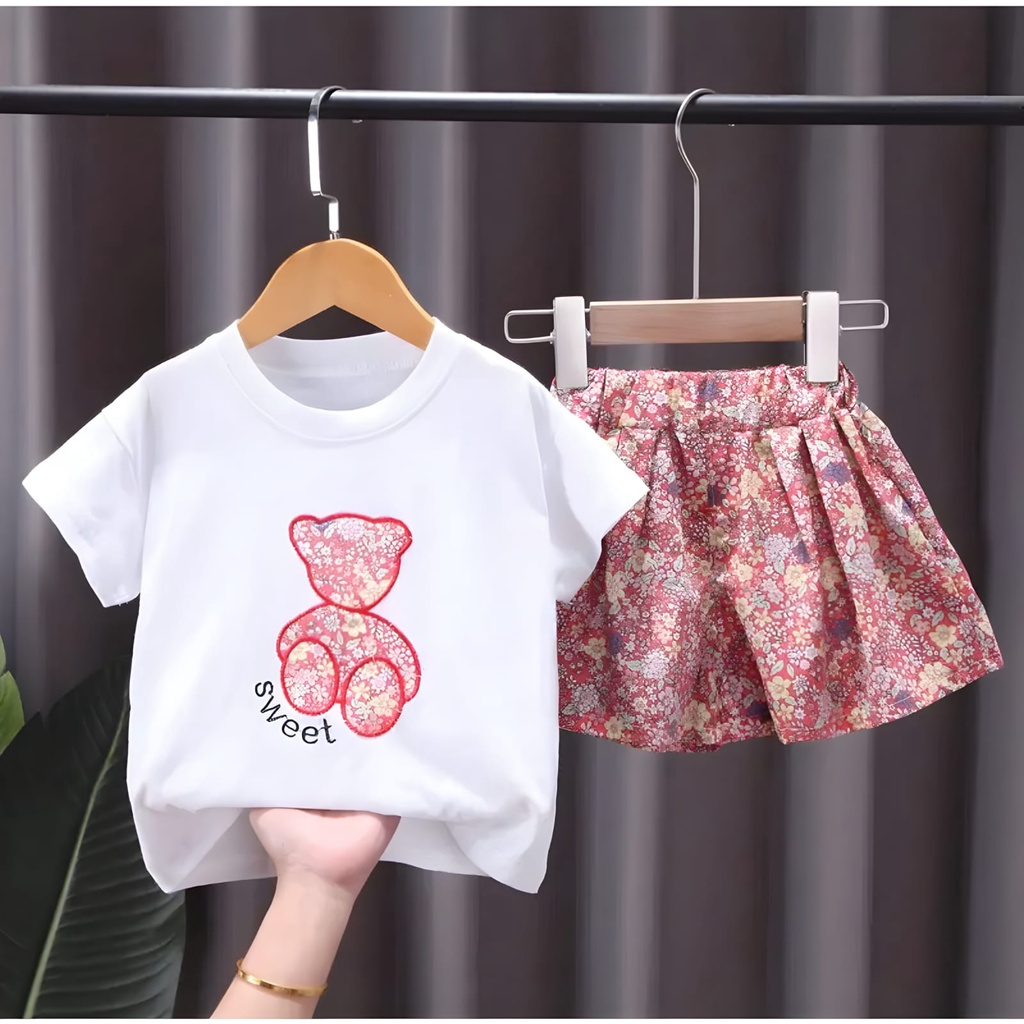 SETELAN BAJU ANAK PEREMPUAN TERBARU MOTIF ROK BEAR SWEET FASHION BAJU ANAK USIA 1-5THN MOTIF ANAK CANTIK KEKINIAN