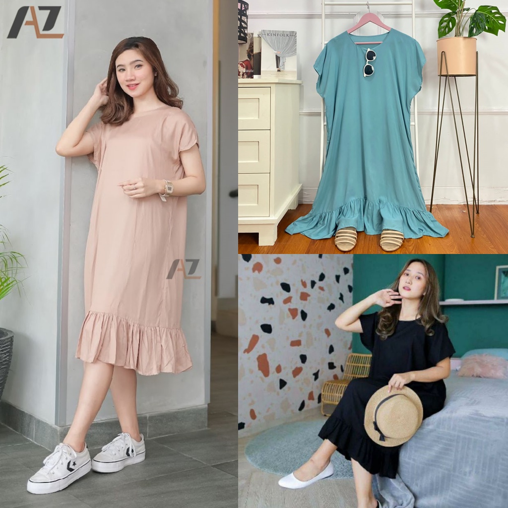 Baju Daster Ruffle Polos Remaja Modern Jumbo / Home Dress Wanita Dewasa Kekinian Pendek Selutut Rayo