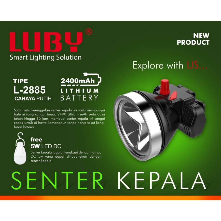 Senter Kepala LED Luby L-2885 FREE Lampu LED DC / Headlamp Luby L2885 GRATIS Lampu