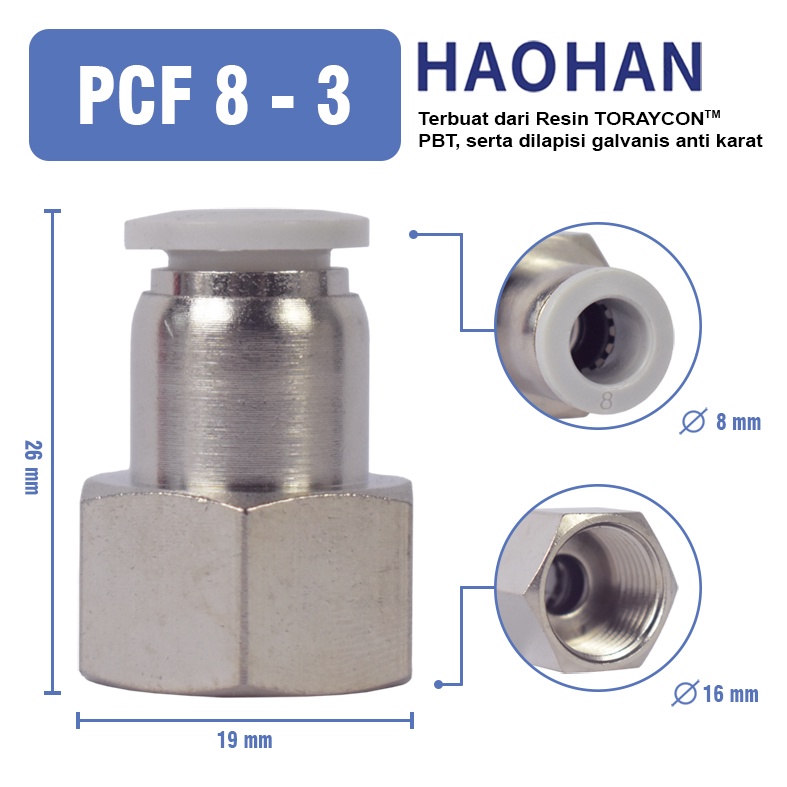 PCF Sambungan Pneumatic Fitting Lurus 10 / 12 / 8 / 6mm BSP 1 / 8 1/4 3/8 1/2 Female Thread Slip Lock