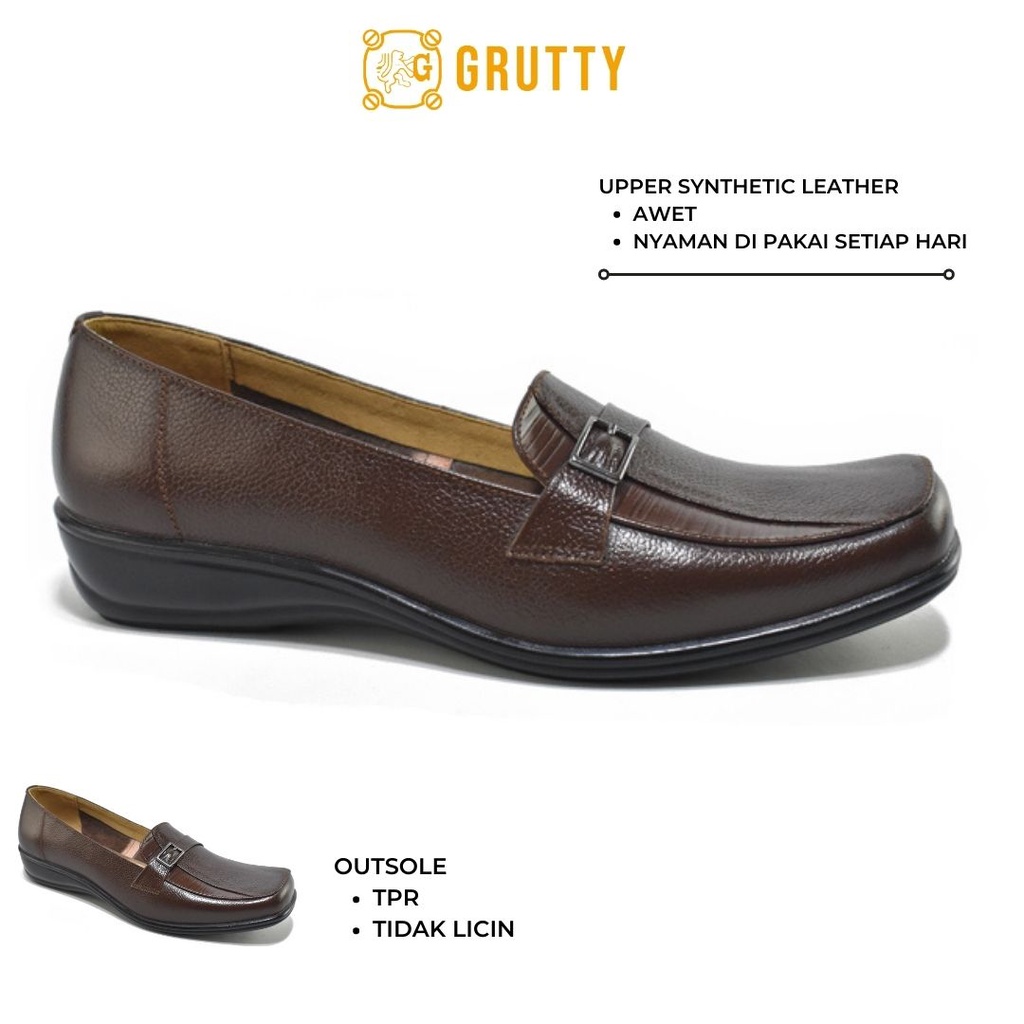 Sepatu Wanita Pantofel Kerja Model Flat Shoes  Kulit Grutty Coklat