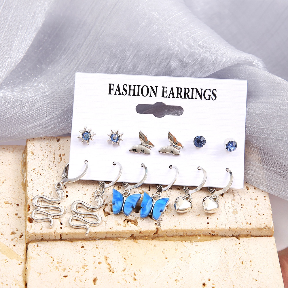 6 Pcs/Set Fashion Biru Kupu-Kupu Anting Set Untuk Wanita Individu Hati Ular Anting Perhiasan Aksesoris Pesta