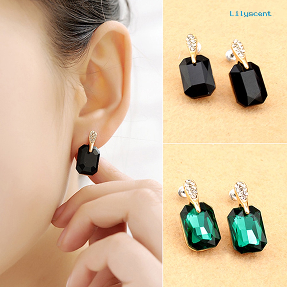 [LS] Wanita Elegan Persegi Panjang Berlian Imitasi Ear Studs Earrings Perhiasan Hadiah Ulang Tahun