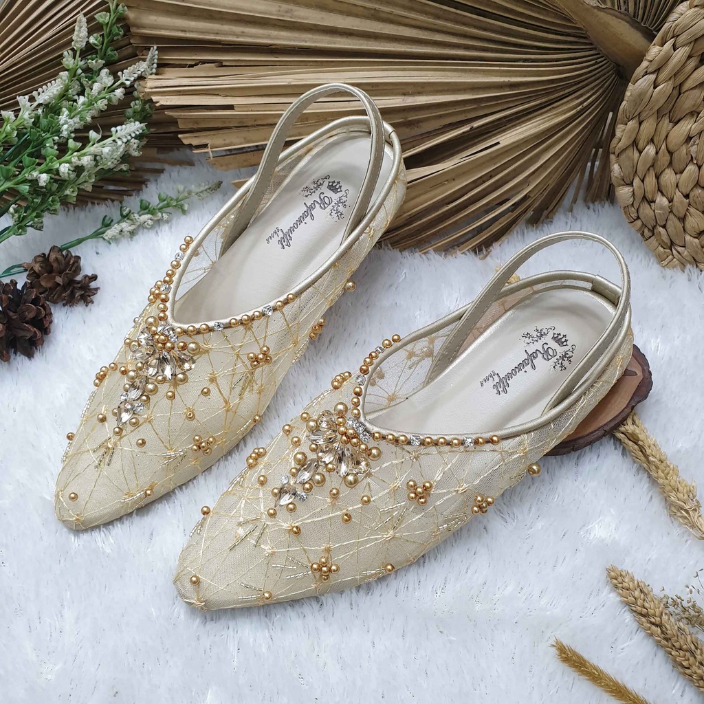 Flatshoes wedding pesta cantik Lauriena gold hak 1cm