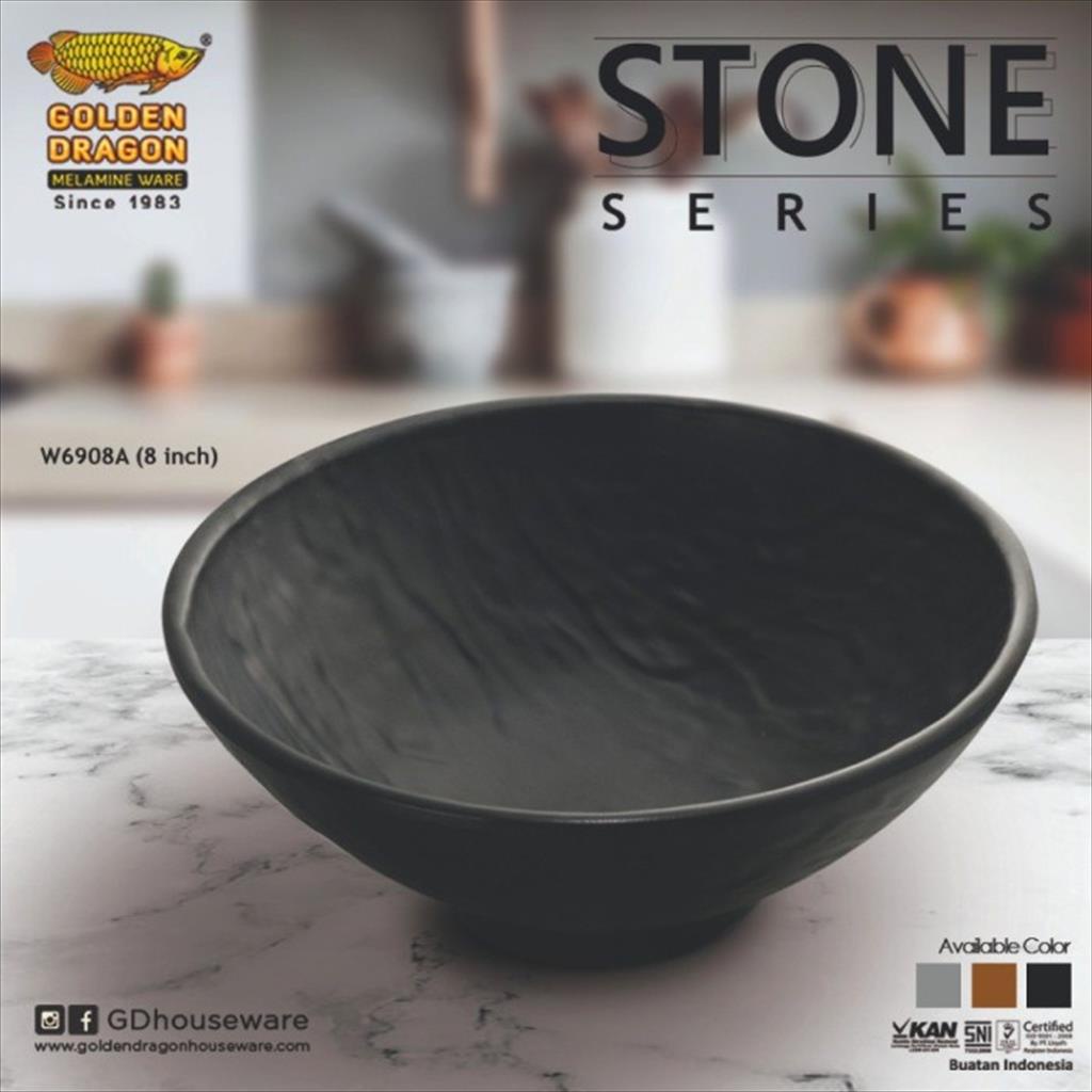 Golden Dragon Mangkok Ramen 8&quot; Bowl Melamine Stone Series W6908A Hitam