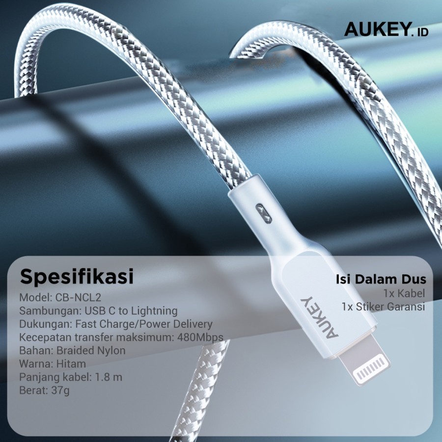 Aukey Cable Braided Nylon Type C to Lightning MFI - 1.8m - 501677 - CB-NCL2 - Garansi Resmi 2 Tahun