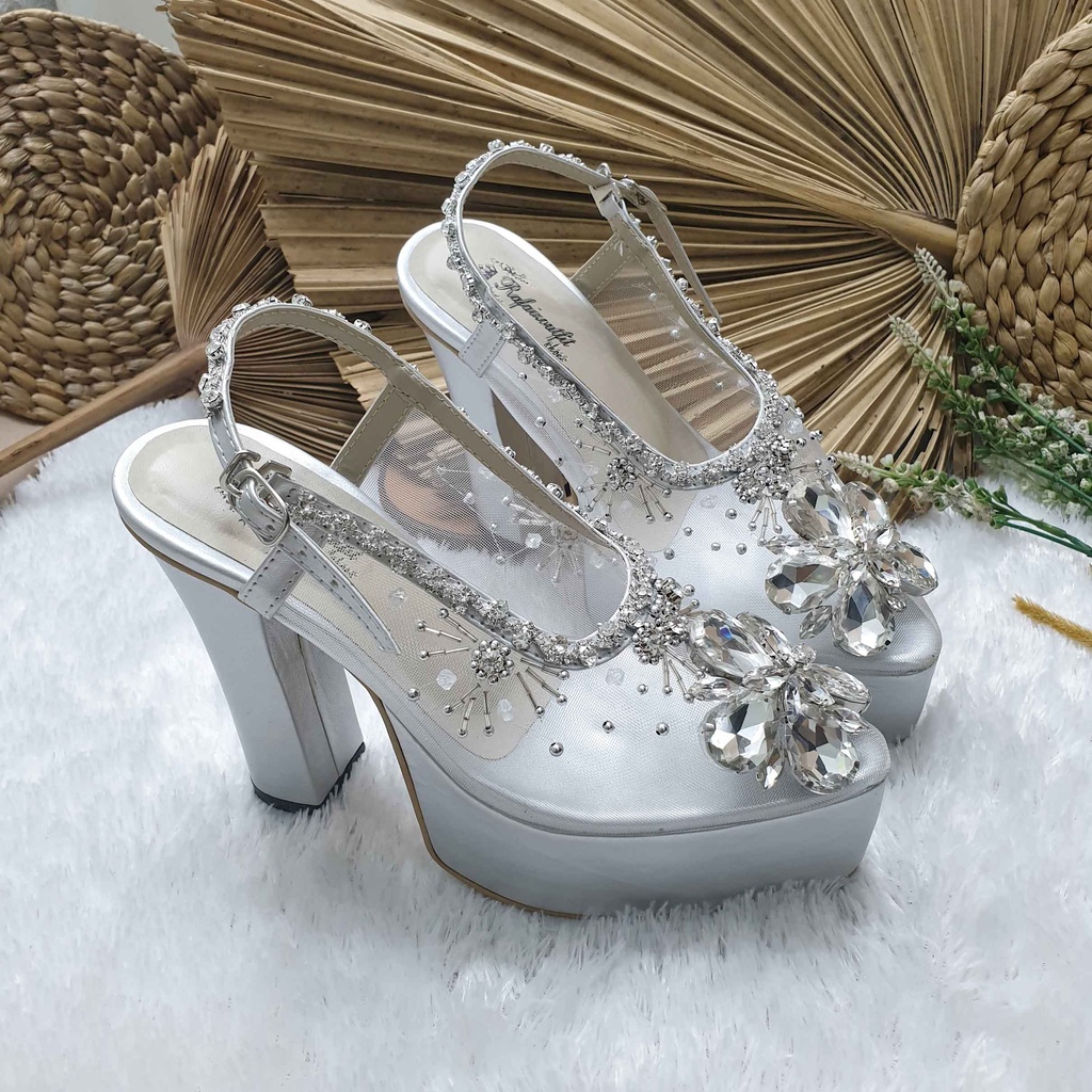 Sepatu wedding pesta cantik khansa silver payet mewah hal 12cm