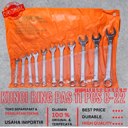 Jual Kunci Ring Pas Set 11 Pcs 8-22 MM Merek Diamond Original Murah Berkualitas Kunci Ring Pas Set T