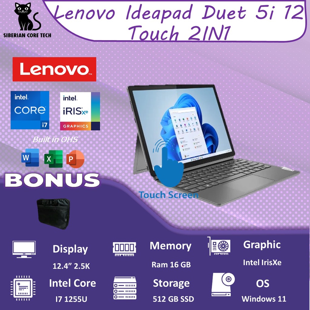 LENOVO IDEAPAD DUET 5 12 TOUCH I7 1255U 16GB 512SSD IRISXE W11+OHS 12.4 2.5K 100DCIP3 2IN1 PEN 2YR PREM+2ADP STORM GRY -2FID