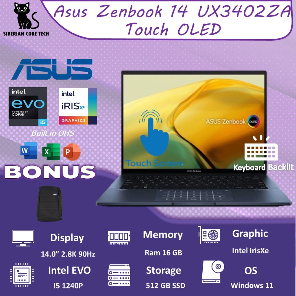 ASUS ZENBOOK 14 OLED UX3402ZA OLEDS551 TOUCH EVO I5 1240P 16GB 512SSD IRISXE W11+OHS 14.0 2.8K 90HZ NPAD BLU