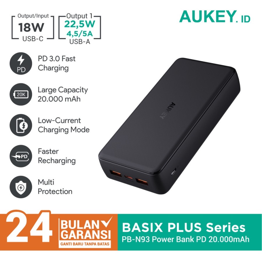 Aukey Powerbank Basix Plus Series PD 20.000 mAh - 501645 - PB-N93 - Garansi Resmi 2 Tahun