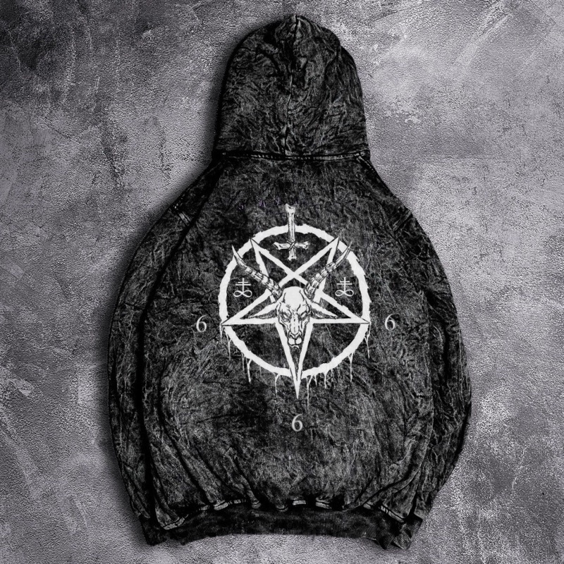 Jaket Pria Hoodie Sandwash Motif Satanic Casual Good Brand Quality Washed Grey