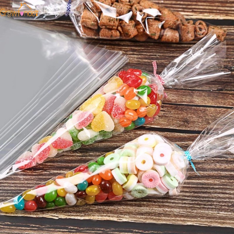 50 Pcs Pack Plastik Segitiga Cookies Bag Cone Bening Cellophane Packing Bag Pernikahan Ulang Tahun Natal Nikmat Packing Transparan Permen Kantong Dengan Dasi