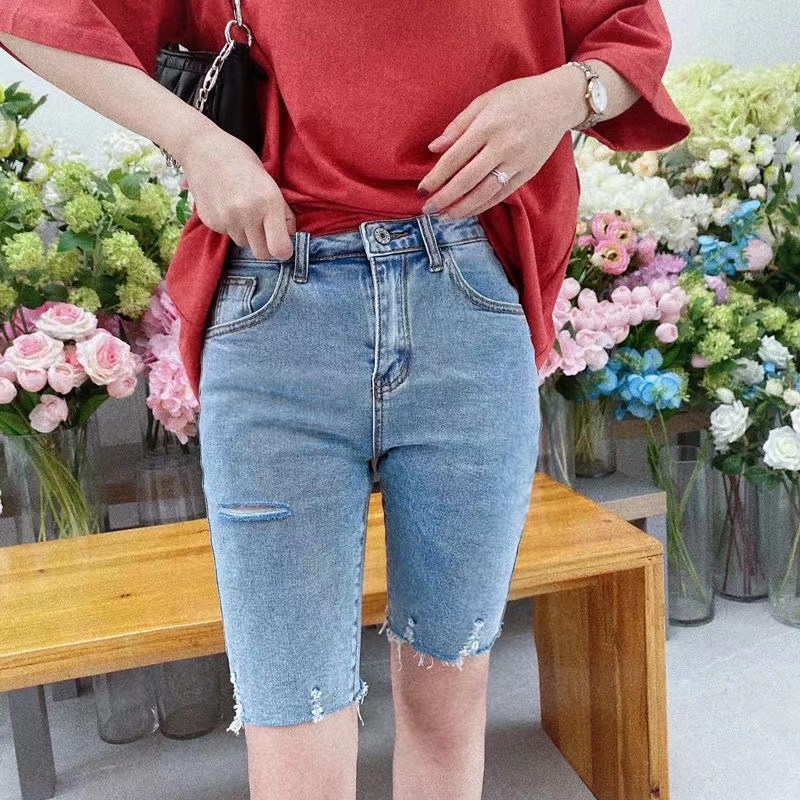 【Cewek_id】CELANA BIKER JEANS PENDEK WANITA  STRETCH SHORTS 3/4 SOBEK KOREAN STYLE RIPPED PANTS