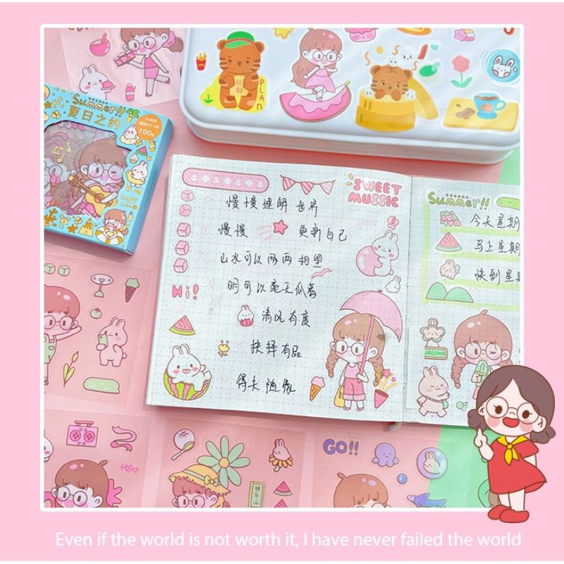 Stiker Motif Kartun Korea Box PVC Anti AirGift Kado lsi 100 Lembar