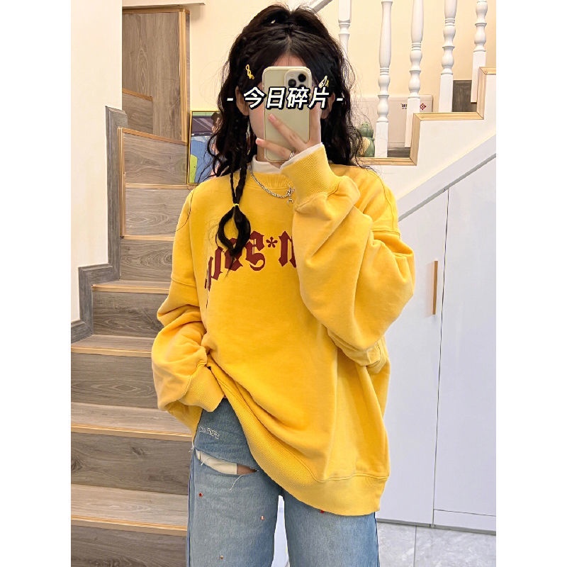 ◙Sweter drop-shoulder oversize kuning susu wanita ins trendi bagian tipis rasa desain ceruk chic Atasan jaket gaya Hong Kong