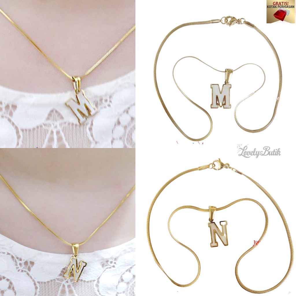 Kalung Anak Titanium anti karat Inisial Huruf M,N Rantai Kalung Belut Shell - Lovelybutik