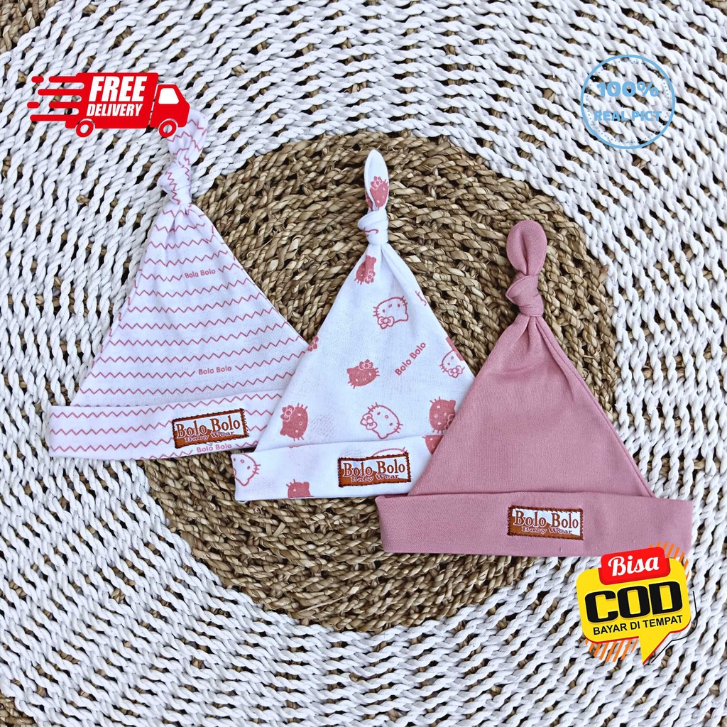 SALE 7.7 Serian Dusty - 3 Pcs Topi Kupluk Bayi Baru Lahir Newborn Topi Bayi 0 - 3 Bulan PINK DUSTY SERIES merk SNI Bolo - Bolo