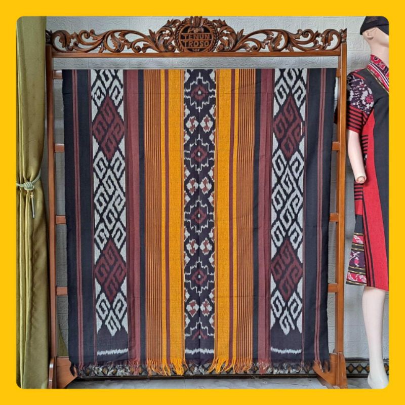 Promo Kain Tenun Blangket Ikat Jepara Warna Coklat Tua mix Kuning Kain batik tenunan bahan gamis kem